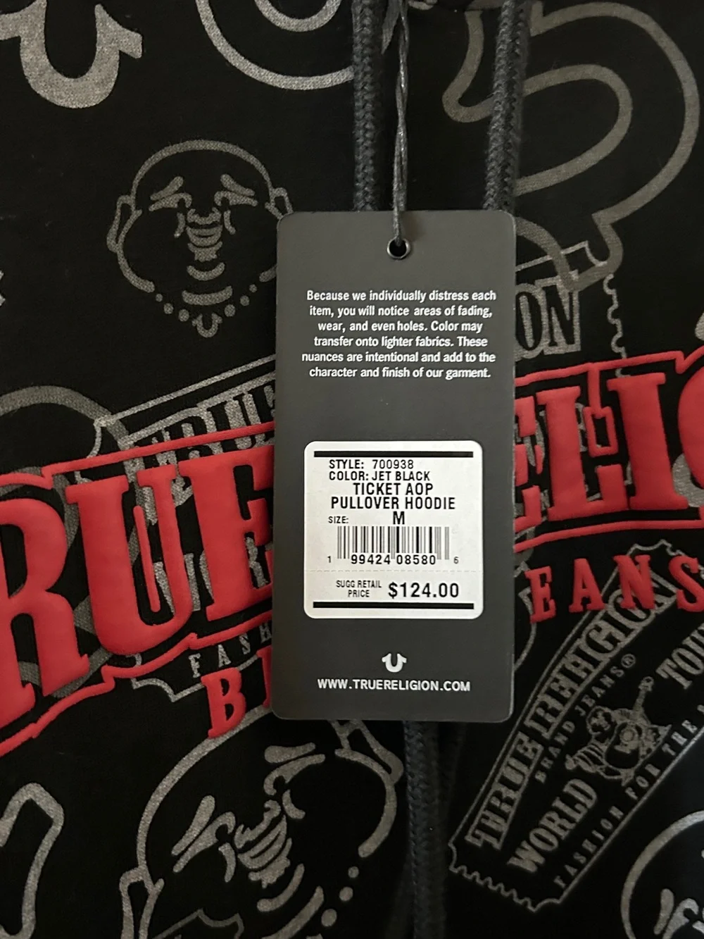 True Religion Black Hoodie with Red Logo and Gray All-Over Print
